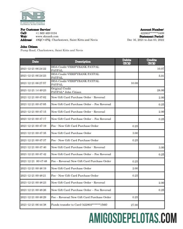 Exemplo de extrato bancário SKN de São Cristóvão e Névis Xls